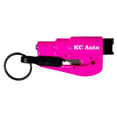 Pink Resqme® auto safety tool with stainless steel blade and spike with custom logo.