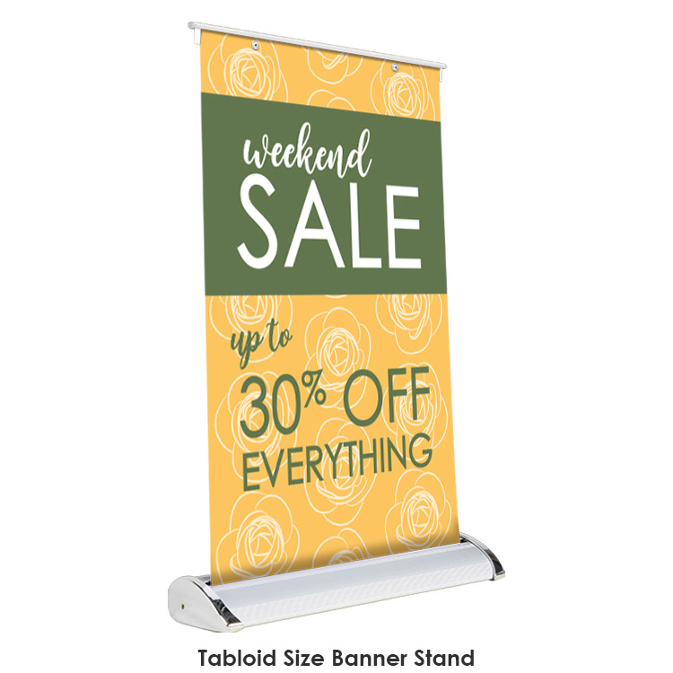Polyester 6 foot bar height table cover with letter size table top banner stand trade show package.