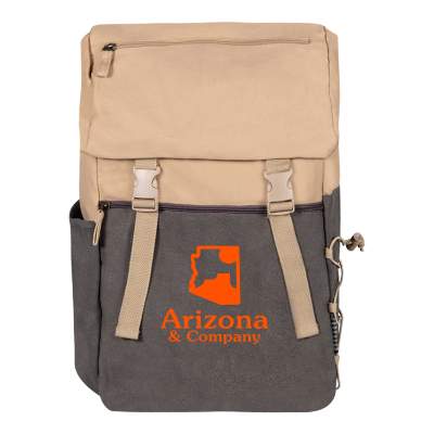 Cotton canvas tan with charcoal backpack with custom logo.