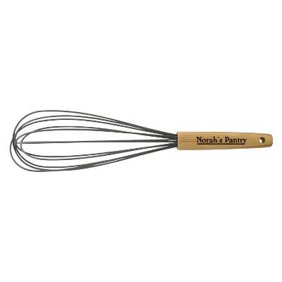 Silicone whisk with natural bamboo handle with custom printed logo.