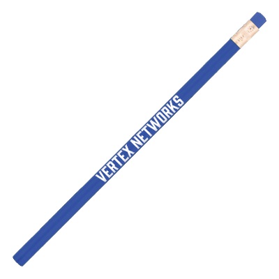 Blue pencil with blue eraser and customized logo.