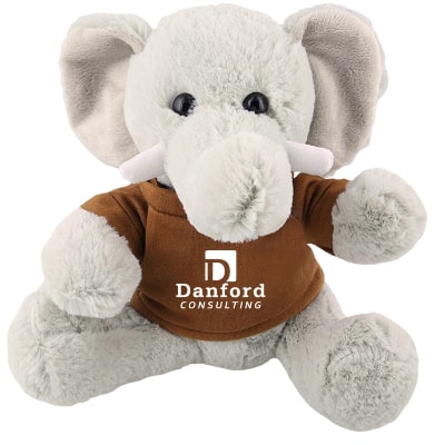 Plush and cotton elephant with brown shirt with branded logo.