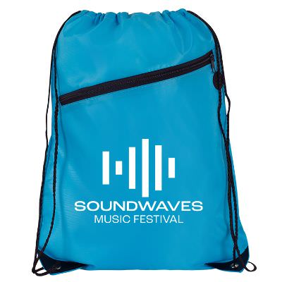 Polyester black drawstring bag with custom print, zippered front pocket and reinforced corners.
