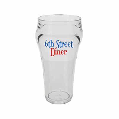 Acrylic clear beer glass with custom full-color logo in 16 ounces.
