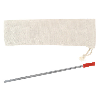 Blank red stainless steel straw with cotton pouch.