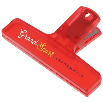 Plastic translucent red strong grip chip clip with custom full color imprint.