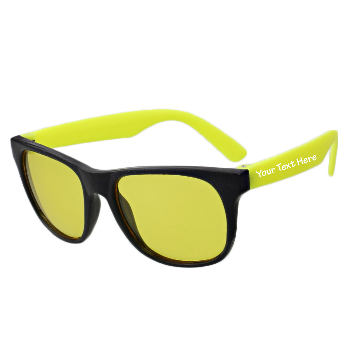 Polycarbonate color tinted rubberized sunglasses.