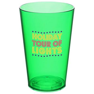 Acrylic green pint glass with custom full-color logo in 16 ounces.