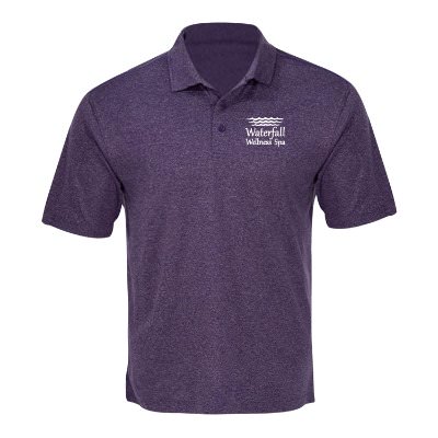College purple heather men's polo with personalized logo.