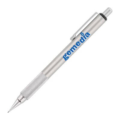 Silver stainless steel pencil with personalized imprint.