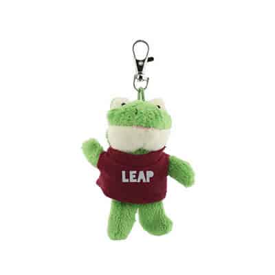 Plush and cotton maroon wild bunch key tag frog with promotional logo.