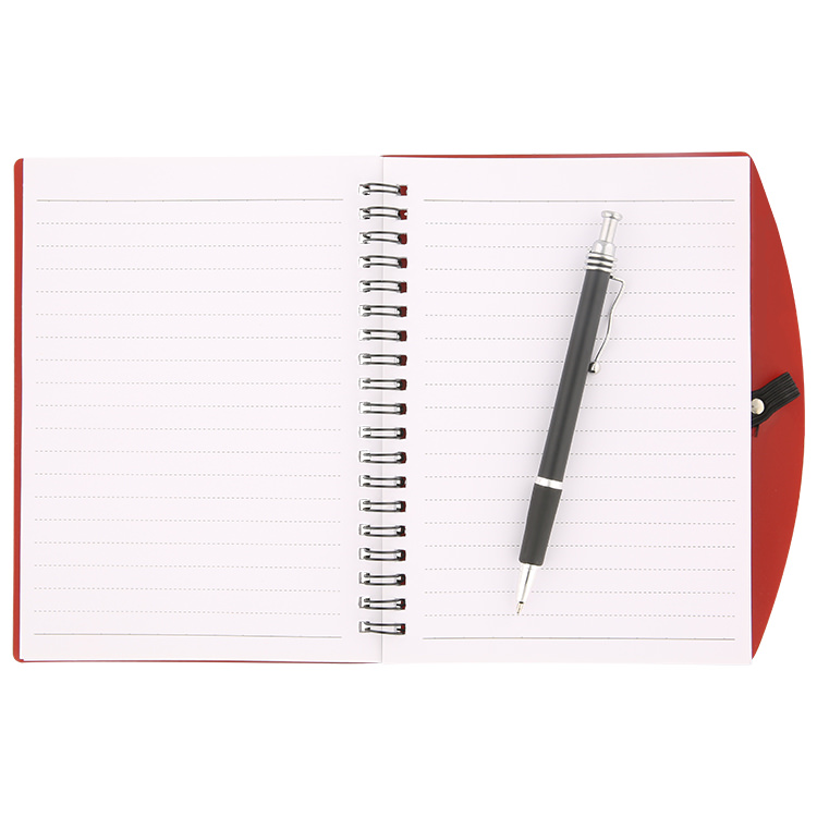 Translucent spiral notebook with pen.