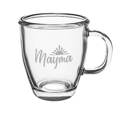 Clear coffee mug with engraved logo.