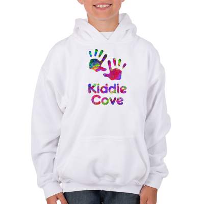 Youth white full color printed sweatshirt.