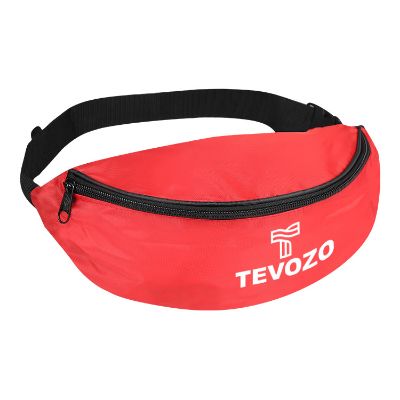 Red polyester fanny pack with custom imprint and zippered compartment.