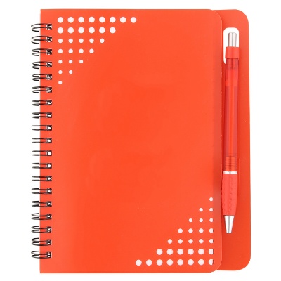 Red notebook with pen.