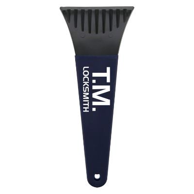 Gray handled 10-in. ice scraper with custom promotional logo.