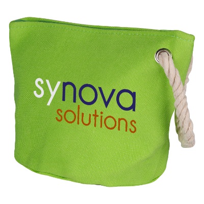 Polyester lime green cosmetic bag with rope handle with full color imprint.