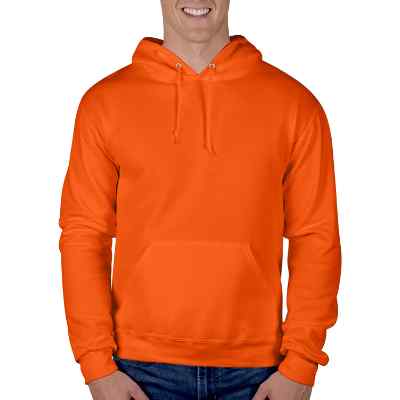 Blank safety orange fleece hooded sweatshirt.