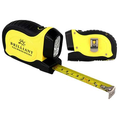 ABS plastic yellow 16 foot tape measure flashlight with imprinting.