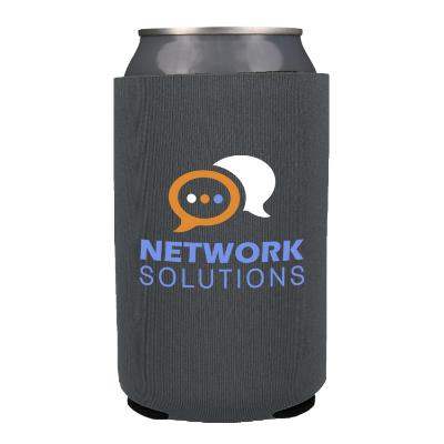Charcoal neoprene can cooler with full-color custom logo.