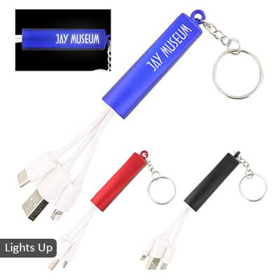 Metal blue 3 in 1 charging cord keychain engraved.