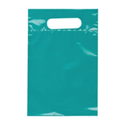 Plastic teal die cut bag blank.