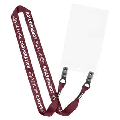 3/4 inch burgundy grosgrain polyester custom lanyard with double bulldog clip and event badge holder.