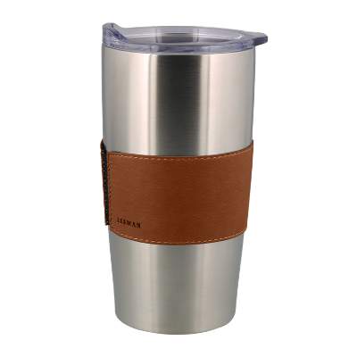 Stainless tumbler with blank tan sleeve.
