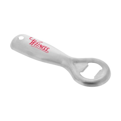 Silver stainless steel classic antique bottle opener with promotional imprint.
