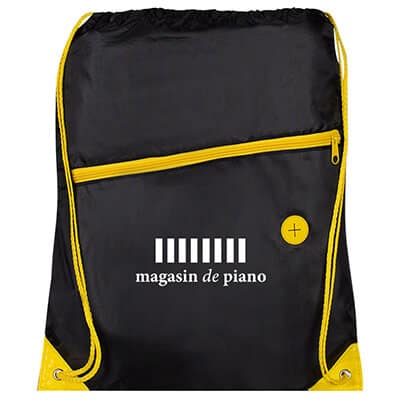 Polyester yellow color pop drawstring bag with branded logo.