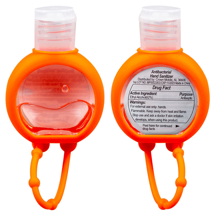 Plastic and silicone 1 ounce cap-and-go unscented hand sanitizer.