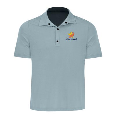 Opal blue polo with embroidered logo.