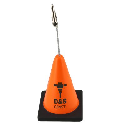 Orange construction cone polyurethane stress ball with metal memo clip with custom promotional imprint.
