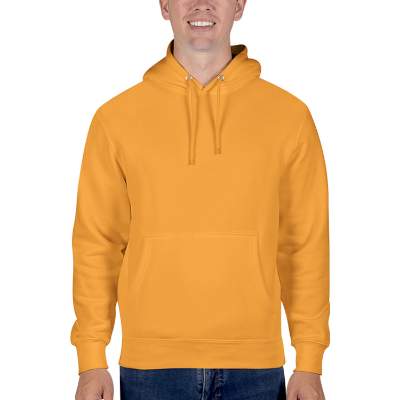 Blank mustard pullover hooded sweatshirt.