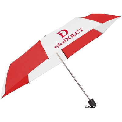 42 inch red and white budget panel umbrella with logo.