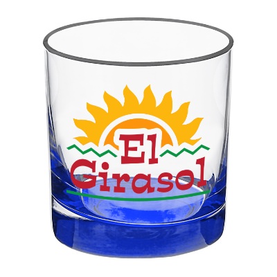 Blue whiskey glass with full color logo.