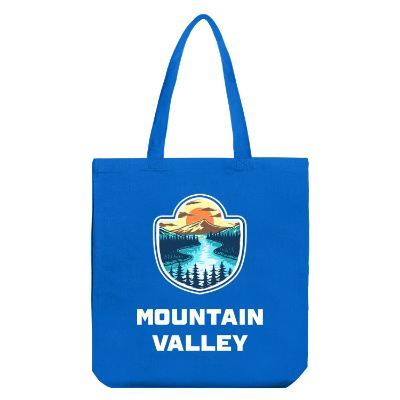 Royal blue cotton tote bag with full-color custom imprint and self-fabric handles.