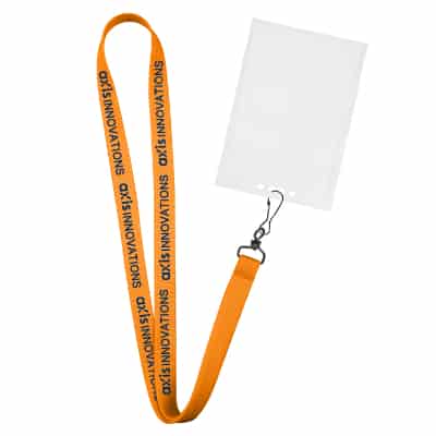 5/8 inch orange tubular polyester custom logo lanyard with j-hook and vertical ID holder.
