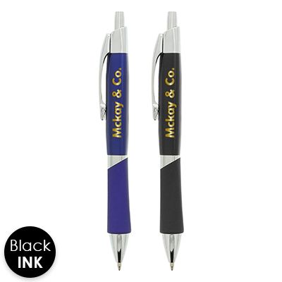Silver accented metal pen with custom logo.