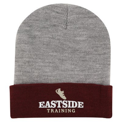 Customized gray with maroon beanie.