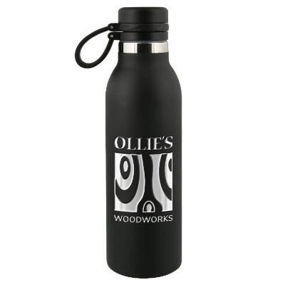 Black stainless steel bottle with engraved logo.