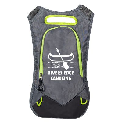 Lime green hydration backpack with custom logo.