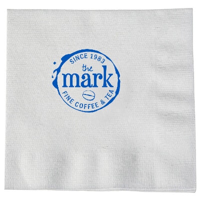 Heavyweight single ply tissue linen-like white dinner napkins with custom design.
