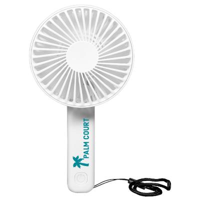 Plastic white hand fan with a custom imprint.