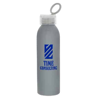 Aluminum gray water bottle with custom branding in 22 ounces.