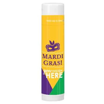 Custom imprinted purple Mardi Gras lip balm.