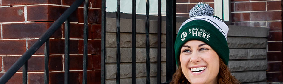 Green and white beanie with white imprint