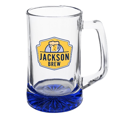 Blue beer mug with full color logo.