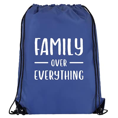 Polyester royal blue drawstring bag with personalized logo and reinforced corners.